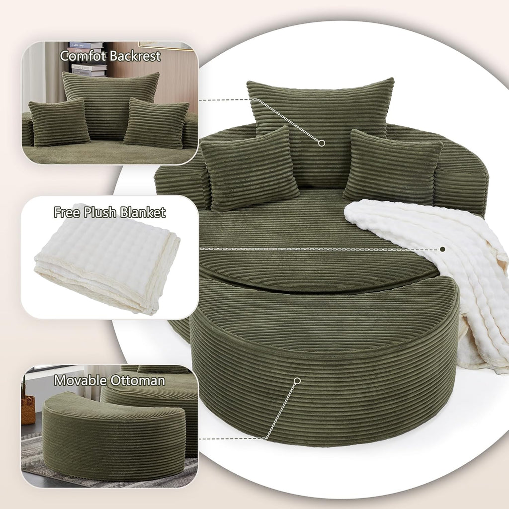 55.11" W Oversized Round Chaise Lounge Chair, Deep Seat Corduroy Cloud with Pillows, Moveable Ottoman and Blanket– Comfy Circle Loveseat Sofa Chair for Living Room or Bedroom (Green)