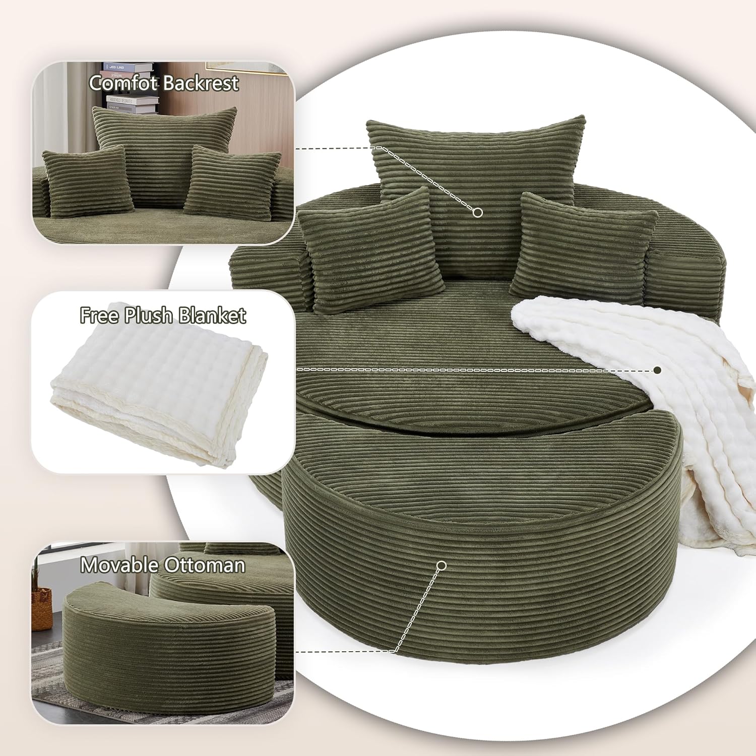 55.11" W Oversized Round Chaise Lounge Chair, Deep Seat Corduroy Cloud with Pillows, Moveable Ottoman and Blanket– Comfy Circle Loveseat Sofa Chair for Living Room or Bedroom (Green)