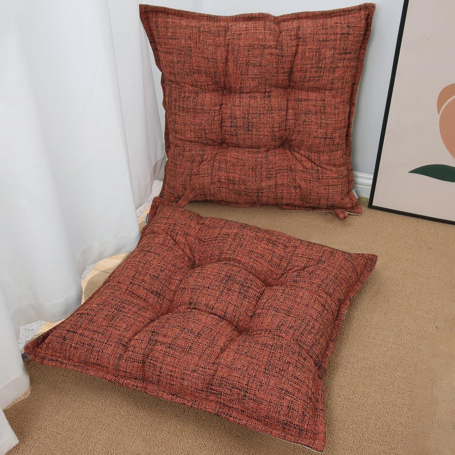 SINSOSSO Large Floor Pillows 22", Thickened Bite-Size Memory Foam Square Non-Slip Cushions for Office Back Support/Yoga/Chair Seat, Fashionable Color-Blocked Fabric & Washable, Red, 2 PCS