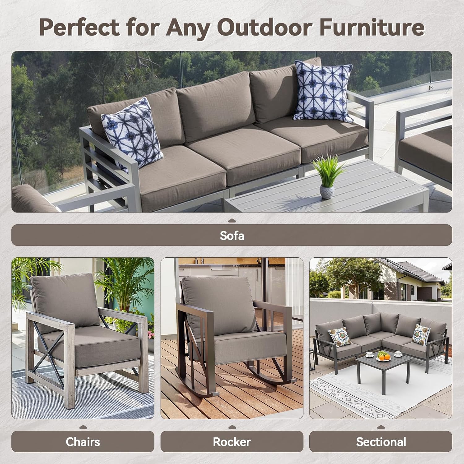 6" Thick Outdoor Cushions 24x24x6, 10-Set Deep Seat Patio Cushions with Removable Cover, Waterproof & Fade Resistant Replacement for Wicker Chair, Loveseat, Sofa - Grey