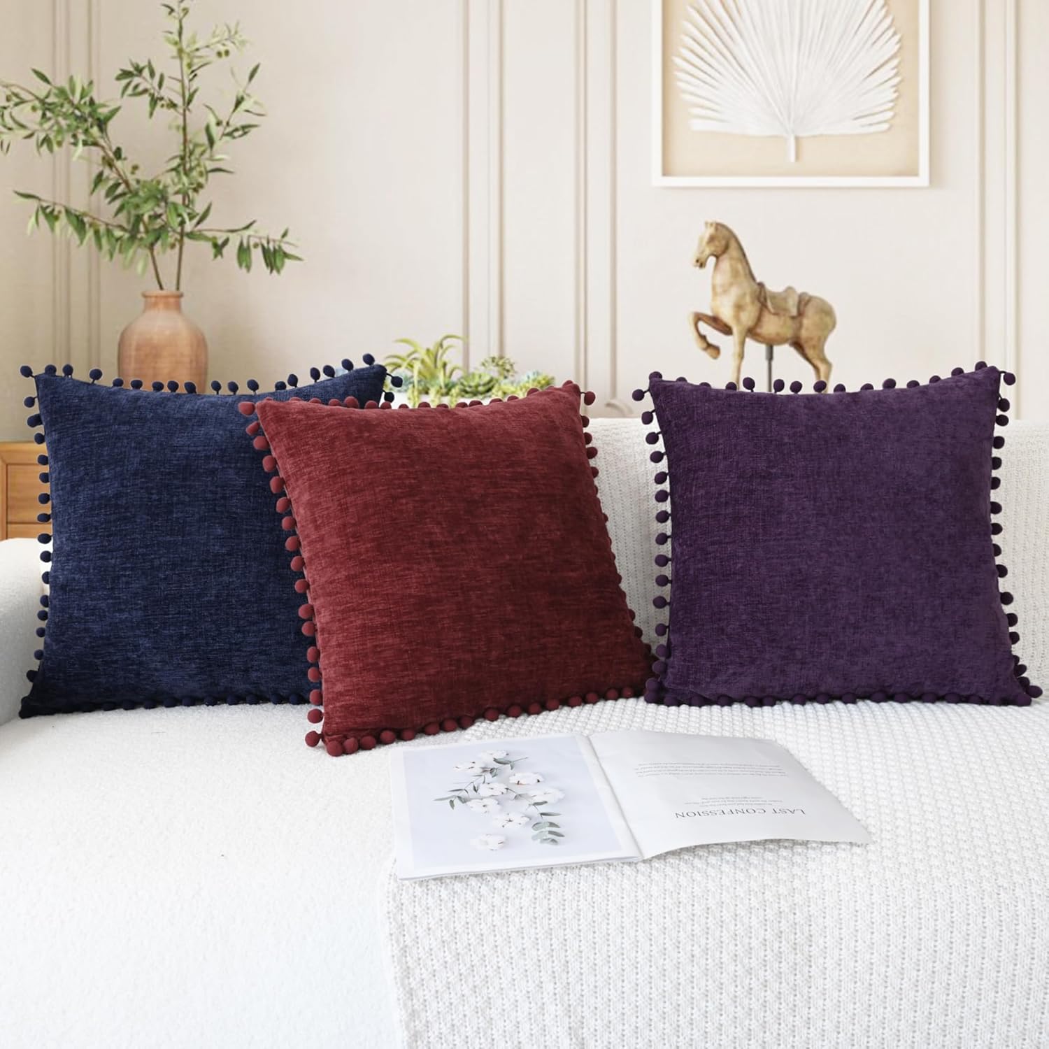 CaliTime Throw Pillow Covers Decorative 16 X 16 Inches Pack of 2 Cozy Solid Dyed Soft Chenille Cushion Cases with Pom Poms for Couch Sofa Bed Living Room Home Navy Blue