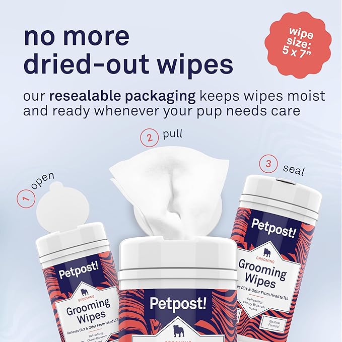 Petpost Large Grooming Wipes for Dogs | 70 Count Deodorizing Dog Cleaning Wipes with Coconut Extract & Aloe | Gentle Pet Wipes with Cherry Blossom Scent for Full-Body Grooming