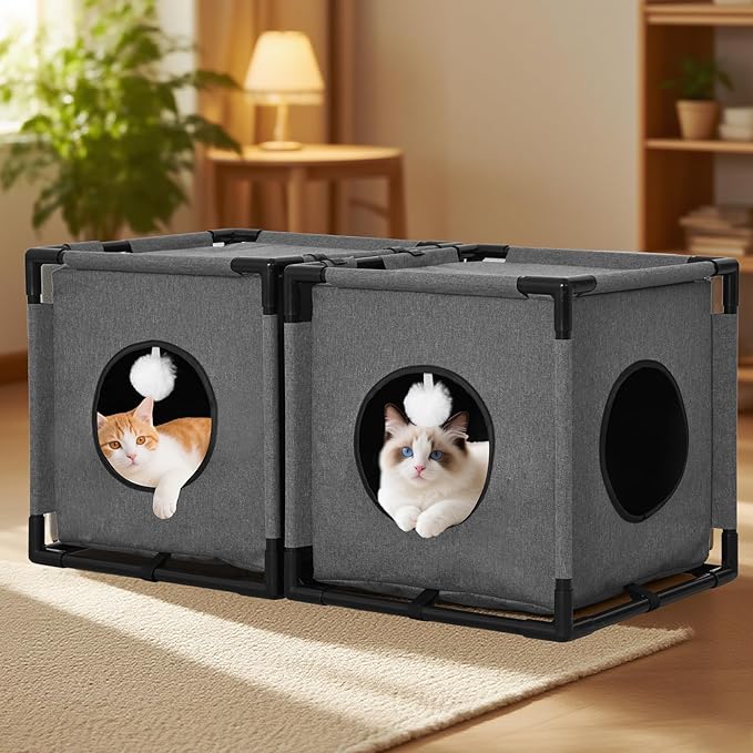 2-Story Cat House for Indoor Cats - Large Cat Cave Bed with Soft Velvet Pad and Fluffy Ball，Stable and Easy to Assemble Kitty Fort, Muti-Functional Cat Condo， Grey