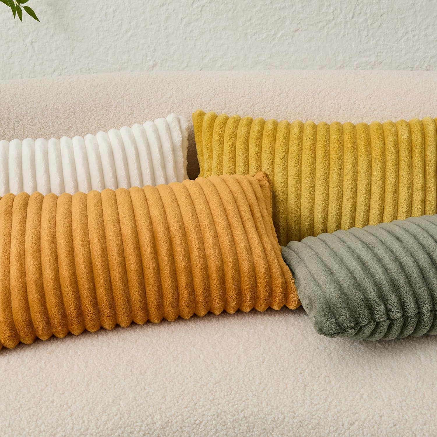 Kevin Textile Soft Plush 12x20 Inch Lumbar Pillow Cover 1 Pack, Luxury Fluffy Faux Fur Striped Flannel Rectangle Cushion Case for Couch Sofa Chair Bed Home Decor, Olive Green