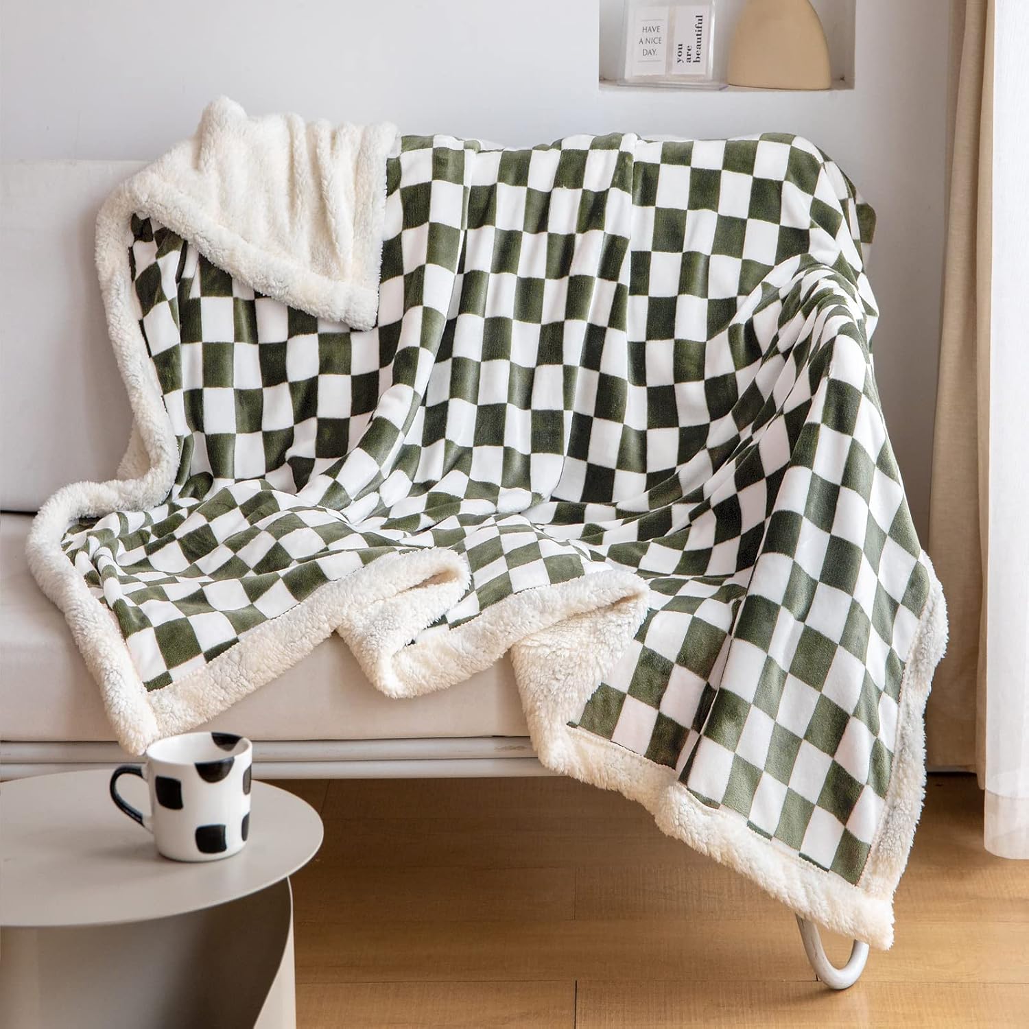 LOMAO Sherpa Throw Blanket Fleece Blanket with Checkered Pattern Soft Thick Blanket for Couch, Bed, Sofa Luxurious Warm and Cozy for All Seasons (Dark Olive, 90"x90")