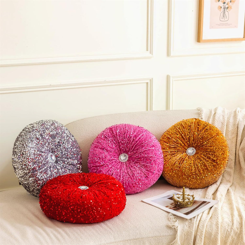 Round Throw Pillow, 13.7in Soft Solid Color Sequin Glitter Decorative Round Pillow Circle Floor Pillows Cushions for Sofa Bed Chair Living Room Floor Car Home Decoration, White
