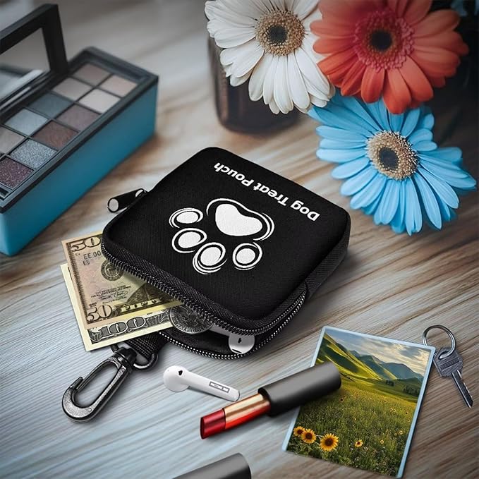 KEIAHUAN Dog Treat Pouch Small Dog Treat Bag Hands Free Dogs Walking Bags with Carabiner Self-Closing Pet Feed Snack Reward, for Puppy Travel or Outdoor Use, Black