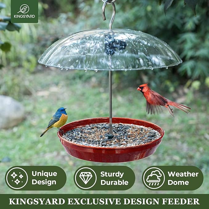 Kingsyard Adjustable Platform Bird Feeder for Outdoors Hanging, Metal Tray Bird Feeder with Dome Top, Attract Bluebirds Cardinals Goldfinches (Red)