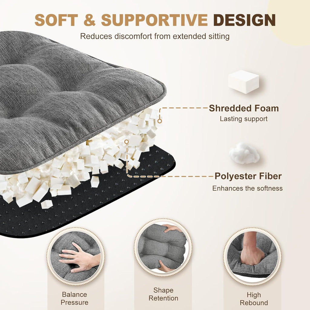 downluxe Indoor Chair Cushions for Dining Chairs, Tufted Overstuffed Textured Foam Kitchen Chair Pads with Ties and Non-Slip Backing, 15.5" x 15.5" x 4", Dark Grey, 4 Pack