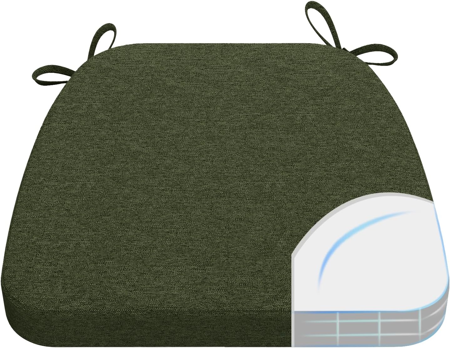 AAAAAcessories D-Shaped Chair Cushions, 2" Thick Dining Chair Pads with Ties and Removable, Machine-Washable Cover, 17" x 16", Dark Olive Green