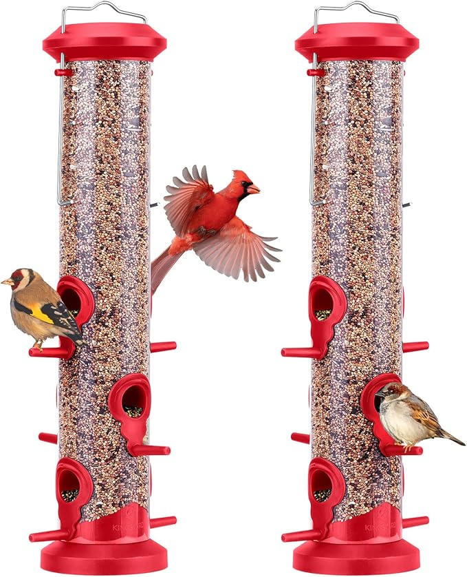 Kingsyard 2 Pack Tube Bird Feeders for Outdoors Hanging, Premium Hard Plastic Bird Feeder with 6 Feeding Ports, Weatherproof & Steel Hanger, Attracting for Wild Birds (Red)