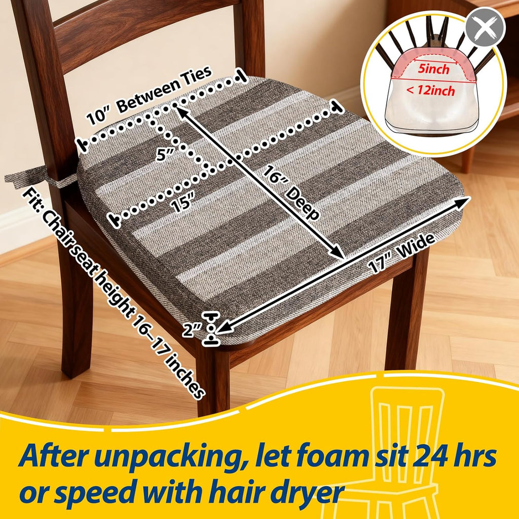 AAAAAcessories D-Shaped Chair Cushions, 2" Thick Dining Chair Pads with Ties and Removable, Machine-Washable Cover, 17" x 16", Set of 2, Boldstripes Chocolate/Beige