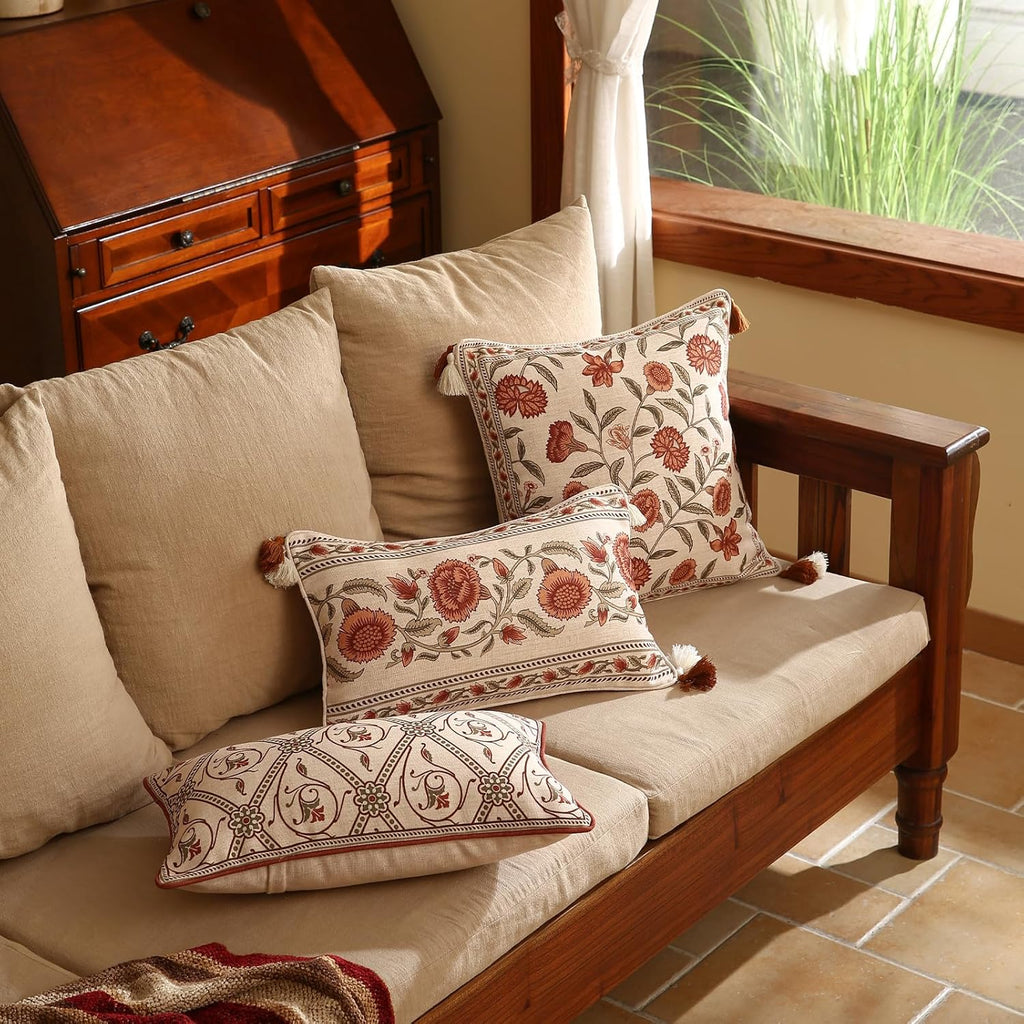 ISAENNE Design Linen Lumbar Vintage Throw Pillow Covers 12"x20",Red Euro Cushion Covers with Orange Floral Green Leaves Pattern Decor Pillowcases for Bed,Living Room,Outdoor,Car