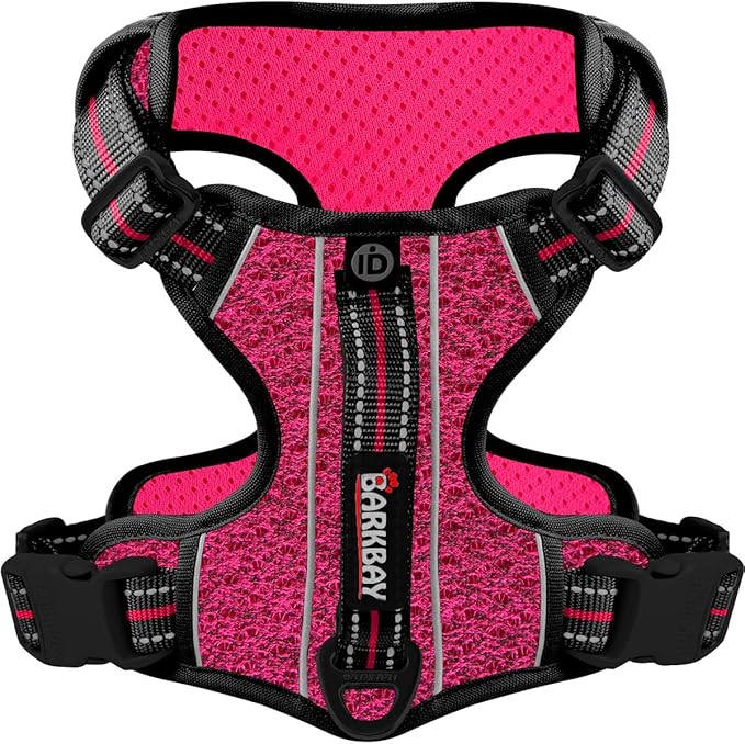 BARKBAY Dog Harness No Pull with ID Tag Pocket - Heavy Duty, Reflective, Easy Control for Large Dogs(Pink/Black,L)