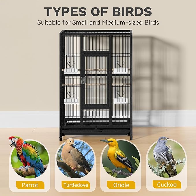 DWVO 53.9-Inch Metal Bird Cage: Large Parrot Cages with Seed Catcher & Cover - Rolling Stand with Brakes for Parakeets, Lovebirds, Cockatiels, Finches and Pigeons, Black