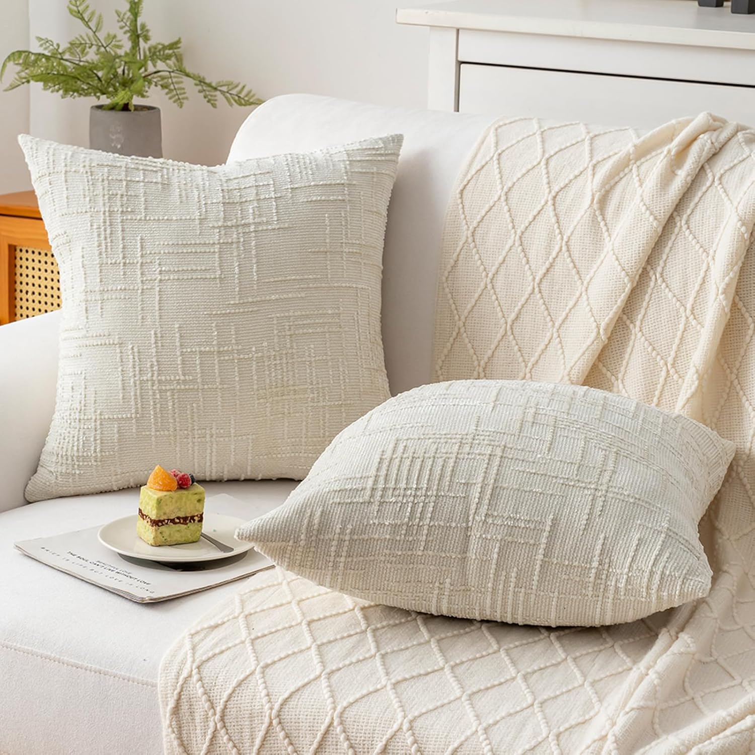 Decorative Throw Pillow Covers 20x20 Inch Set of 2, Thick Solid Farmhouse Chenille Couch Pillows, Spring Pillow Covers for Couch Sofa Bed Living Room Home Decor Pillowcase,White