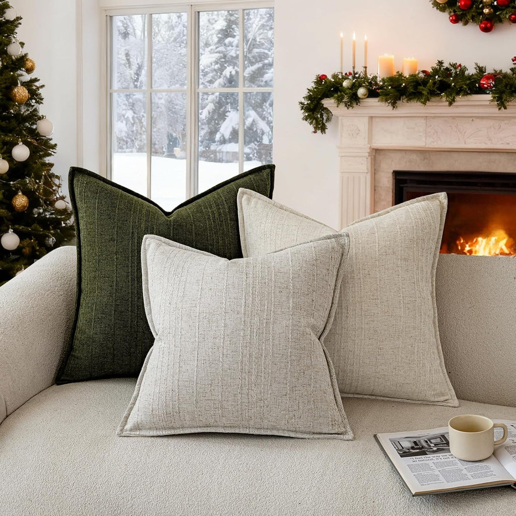 a moment Linen Pillow Covers Set of 2,Boho Farmhouse Throw Pillowcases Neutral Textured Decorative Covers for Couch Sofa,Soft Linen Blend Accent Case Cushion Christmas Home Decor 24"x24"Ivory