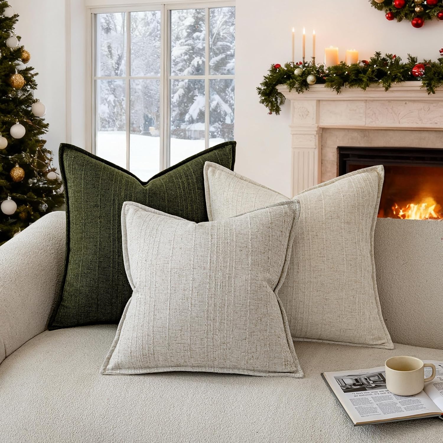 a moment Linen Pillow Covers Set of 2,Boho Farmhouse Throw Pillowcases Neutral Textured Decorative Covers for Couch Sofa,Soft Linen Blend Accent Case Cushion Christmas Home Decor 24"x24"Ivory