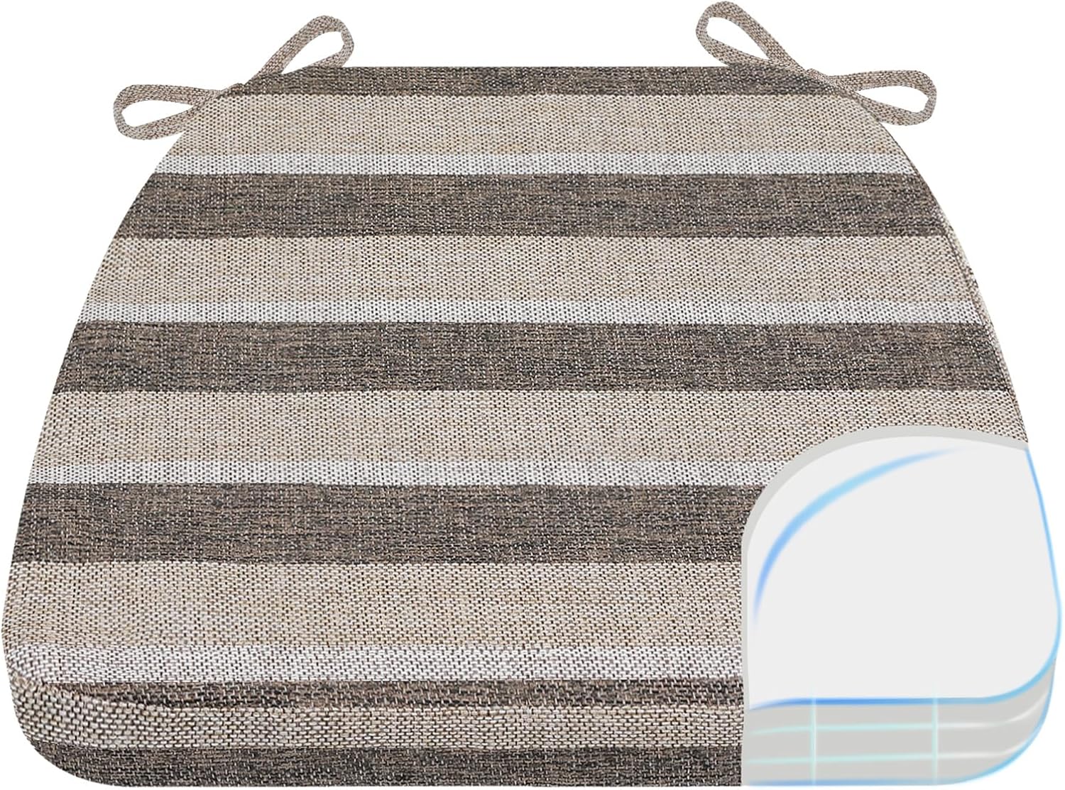 AAAAAcessories D-Shaped Chair Cushions, 2" Thick Dining Chair Pads with Ties and Removable, Machine-Washable Cover, 17" x 16", Boldstripes Chocolate/Beige