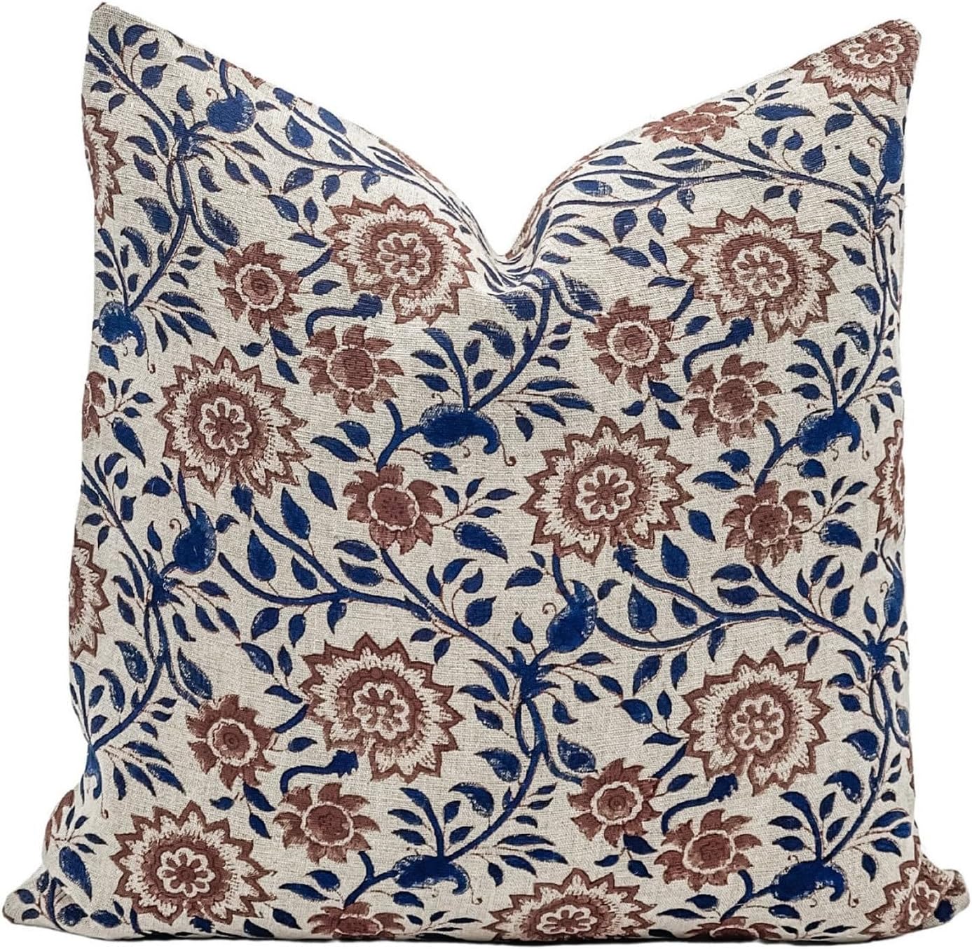 Designer Floral Print on Natural Linen Pillow Cover | Indigo Blue and Rust Brown Pillow | Boho Pillow | Decorative Throw Pillow Covers (Rust/Indigo, 12x48)