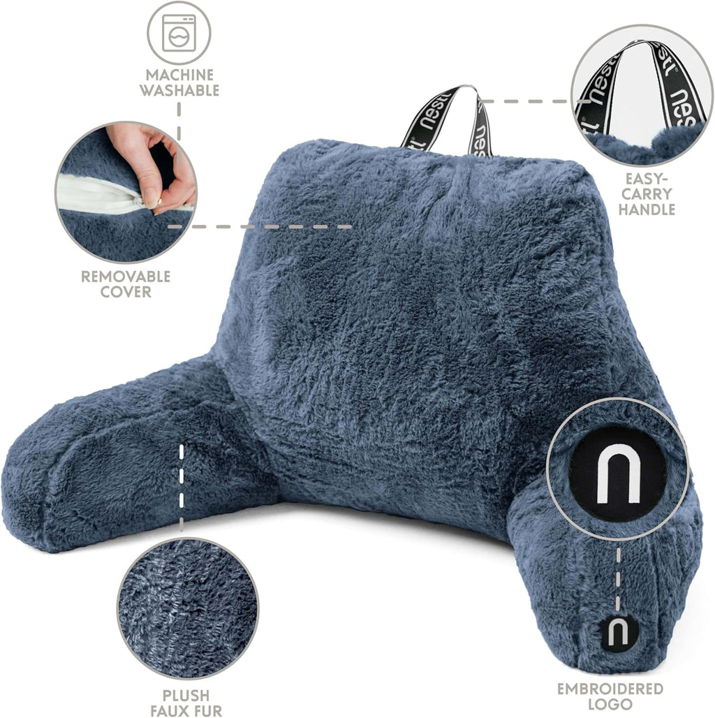 Nestl Fur Reading Pillow with Laptop Lap Desk, Stylish Back Pillow for Sitting Up, Lap Desk with Reading Pillows for Sitting in Bed Adult & Kids, Faux Fur Chair Pillow with Arms - Blue