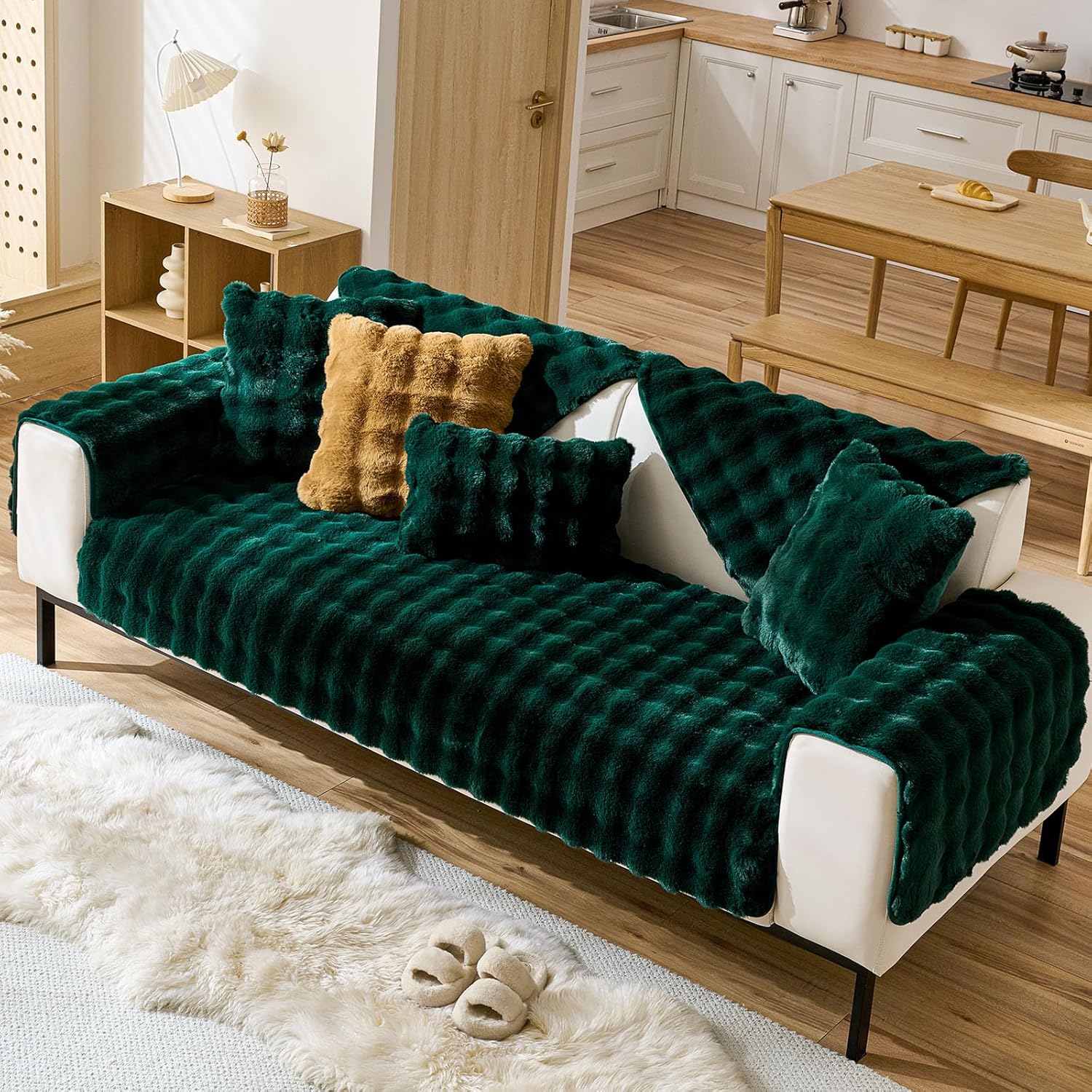 Christmas Faux Fur Couch Cover Fuzzy Soft Plush Thick Bubble Sofa Cover Luxury Sectional Couch Covers Luxury Anti-Slip Sofa Slipcover Washable Furniture Protector (Dark Green,36"x94")