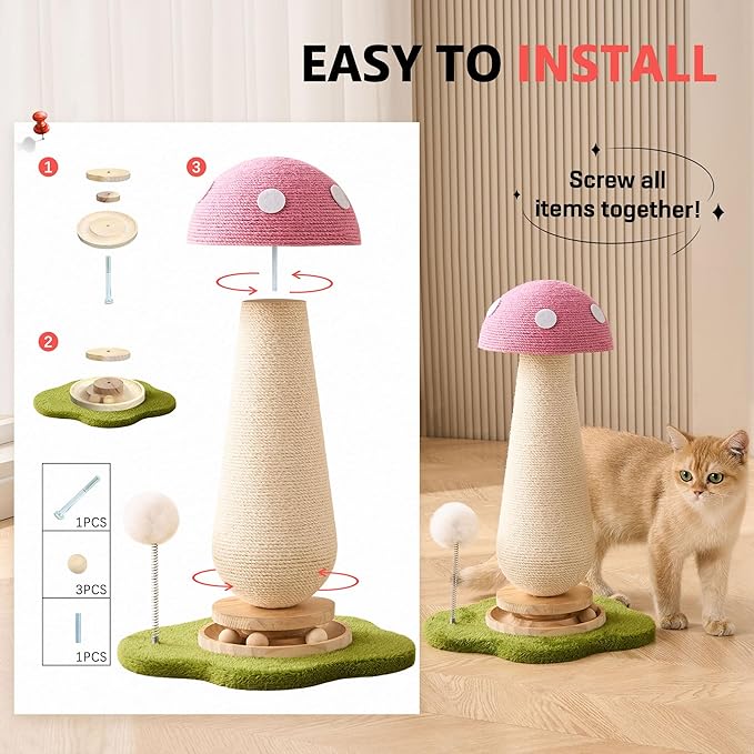 21.5‘’ H Cat Scratching Post with Catnip,Cute Mushroom Cat Scratcher Post with Durable Natural Solid Wood Turntable Toy,Baby Pink Mushroom Shape Design Cat Toy Cat Sisal Scratcher for Indoor Cats