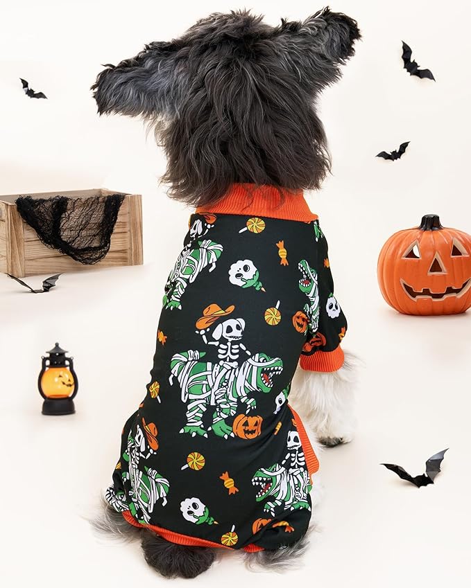 XPUDAC 4 Pack Halloween Dog Clothes Strechy Cute Puppy Pajamas for Small Medium Dogs Boy Girl Skeleton Ghost Pjs Bodysuit for Doggie Onesies, 2XL