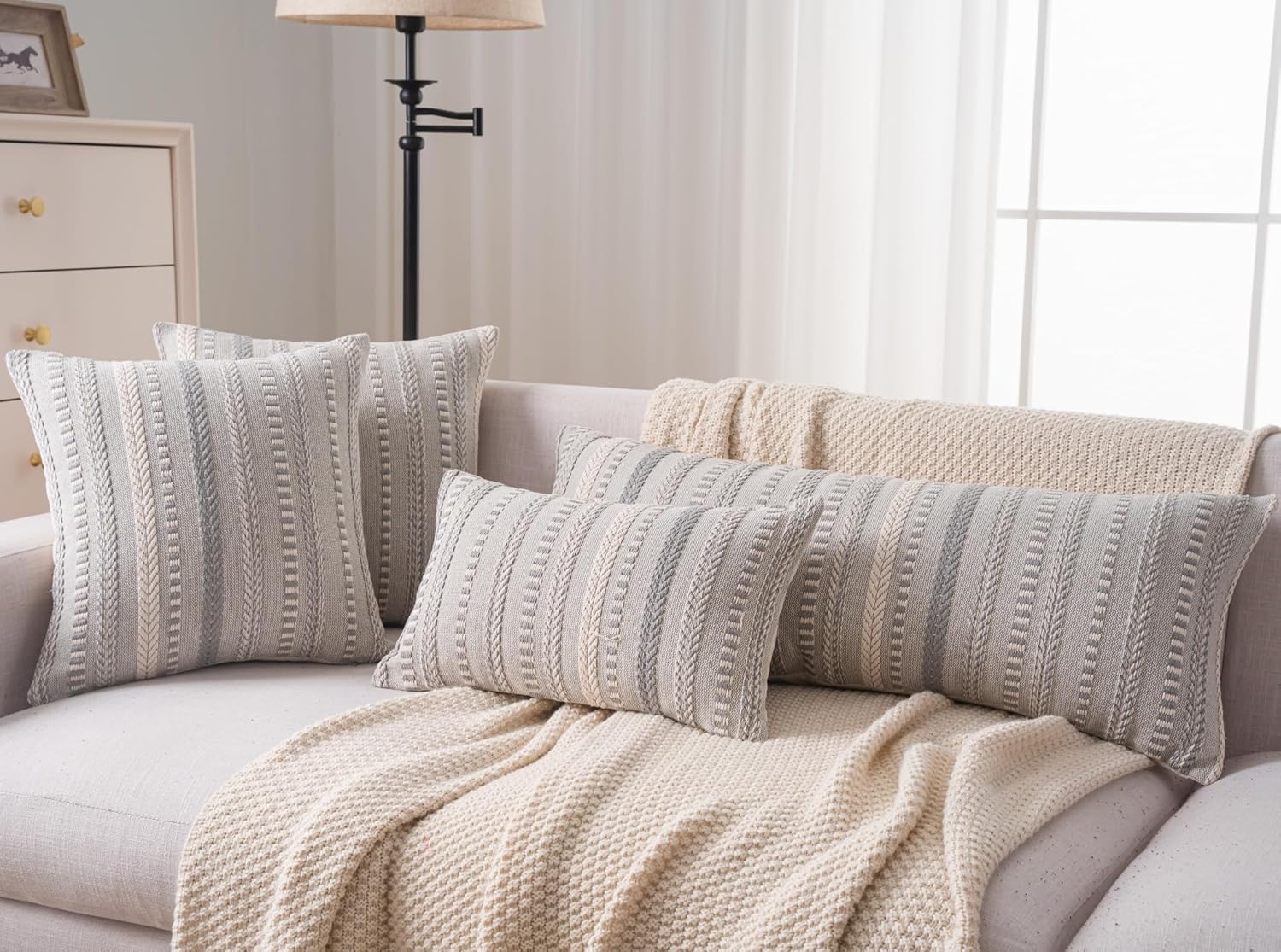 Boho Lumbar Pillow Covers 14x36 Long, Farmhouse Decorative Couch Pillow Cases, Grey Accent Pillows of Bed, Sofa Bedroom Living Room Home Decor Cushion Cover, Pack of 1