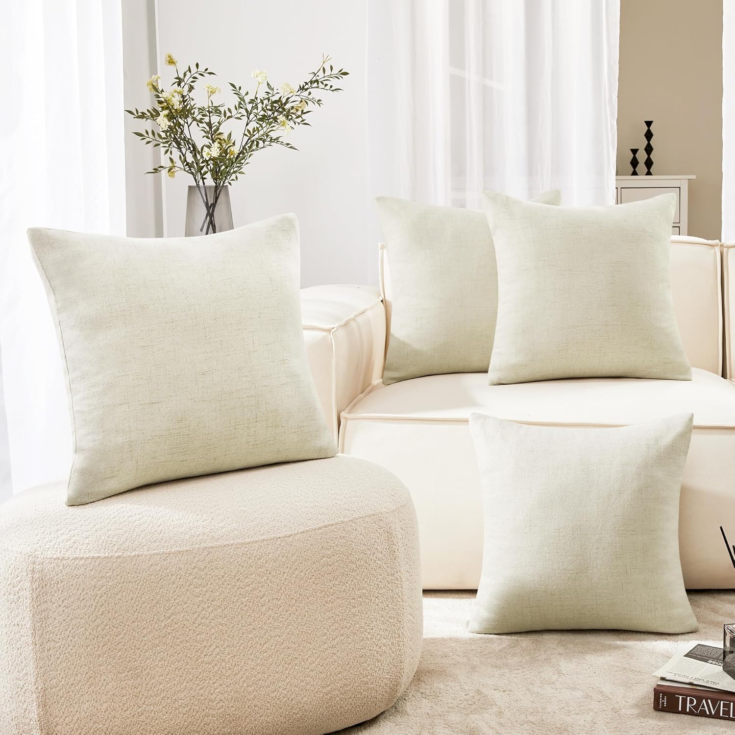 Deconovo Pillow Covers 18x18, Throw Pillow Cover, Faux Linen Decorative Pillow Covers for Throw Pillows, Pillow Cases Standard Size for Home(18 x 18 Inch, Cream, Set of 4, No Pillow Insert)