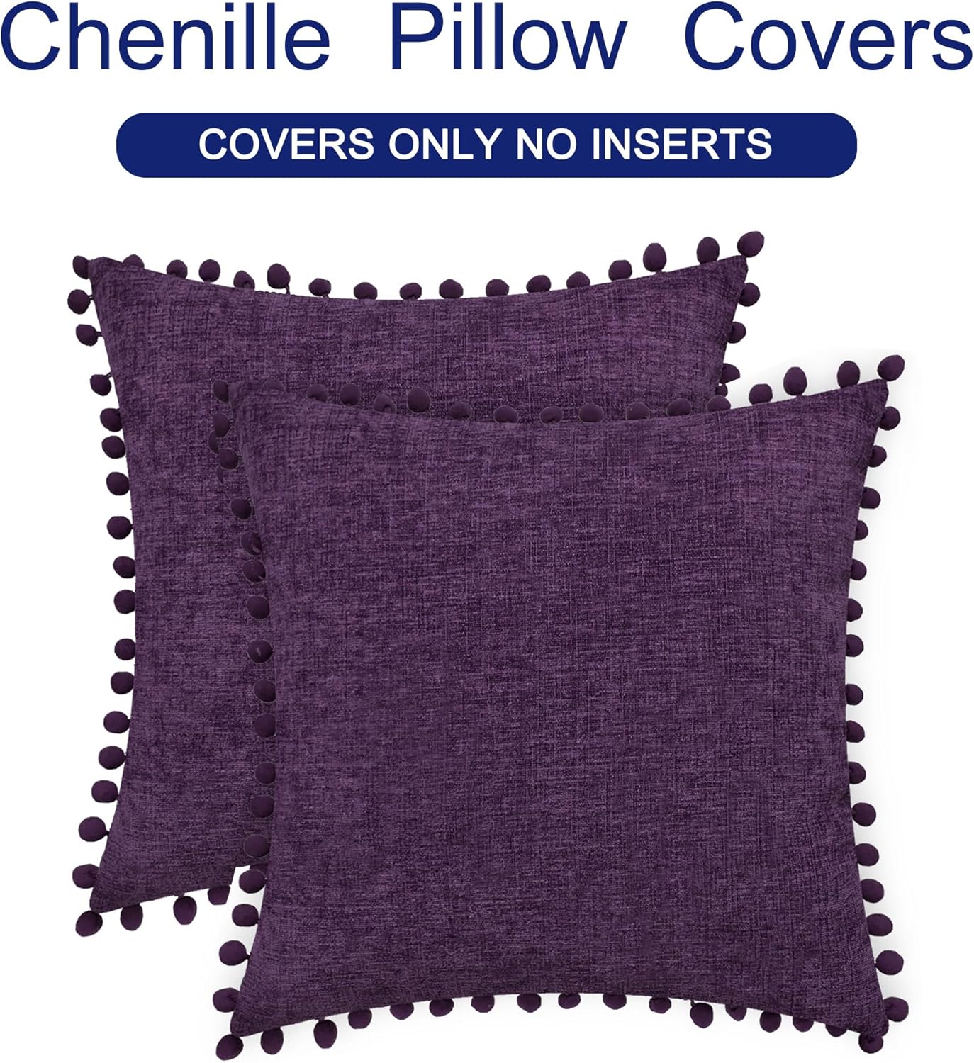 CaliTime Throw Pillow Covers Decorative 18 X 18 Inches Pack of 2 Cozy Solid Dyed Soft Chenille Cushion Cases with Pom Poms for Couch Sofa Bed Living Room Home Plum Purple