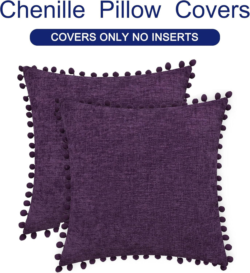 CaliTime Throw Pillow Covers Decorative 16 X 16 Inches Pack of 2 Cozy Solid Dyed Soft Chenille Cushion Cases with Pom Poms for Couch Sofa Bed Living Room Home Plum Purple