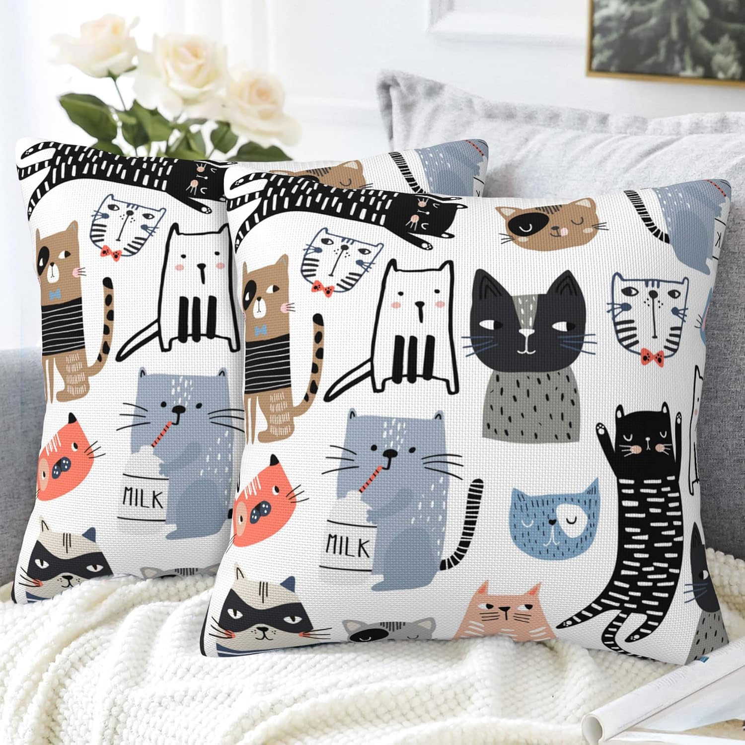Throw Pillow Cover Case Funny Cats Pillow Covers 18x18 Inch Set of 2,Soft Decorative Throw Pillow Case for Living Room Bedroom Sofa Couch Cushion Covers