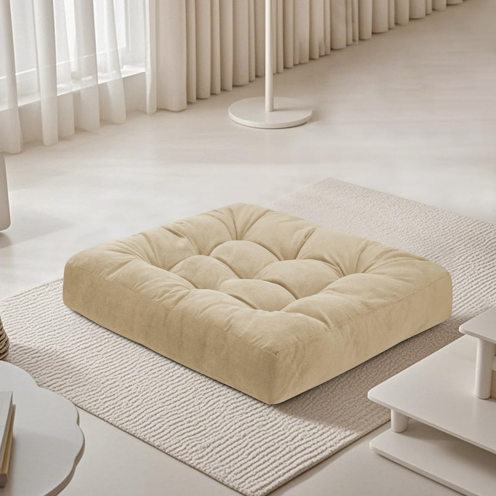 Meditation Floor Pillow 22×22 Inch 1 Pack Large Floor Cushions for Adults Square Tufted Corduroy Floor Pillows for Yoga Living Tatami Room Beige