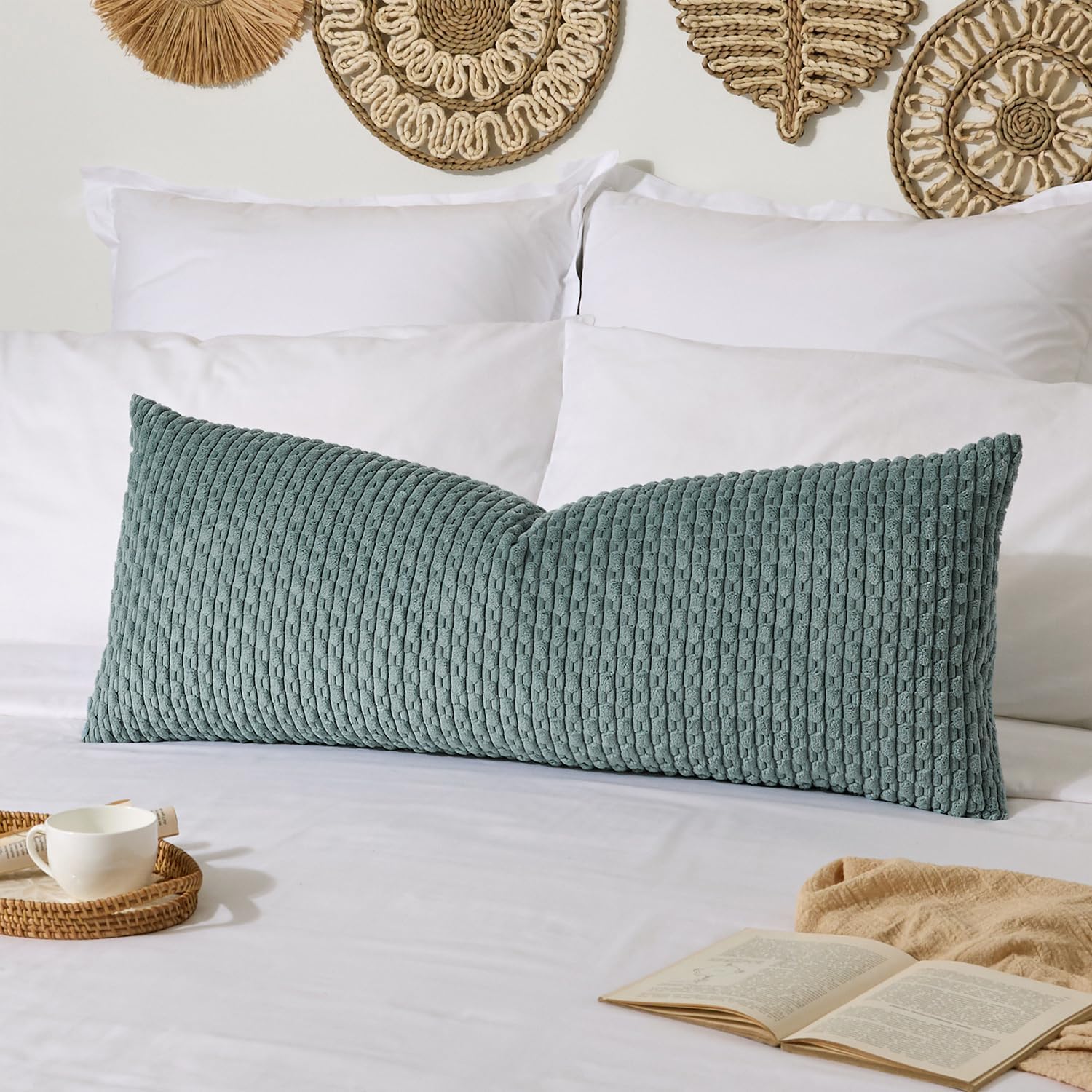 Kevin Textile 20x54 Inch Long Body Lumbar 1 Pack Boho Decorative Throw Pillow Cover Soft Striped Corduroy Rectangle Cushion Case Farmhouse Accent for Living Room Couch Sofa Bed, Teal Green