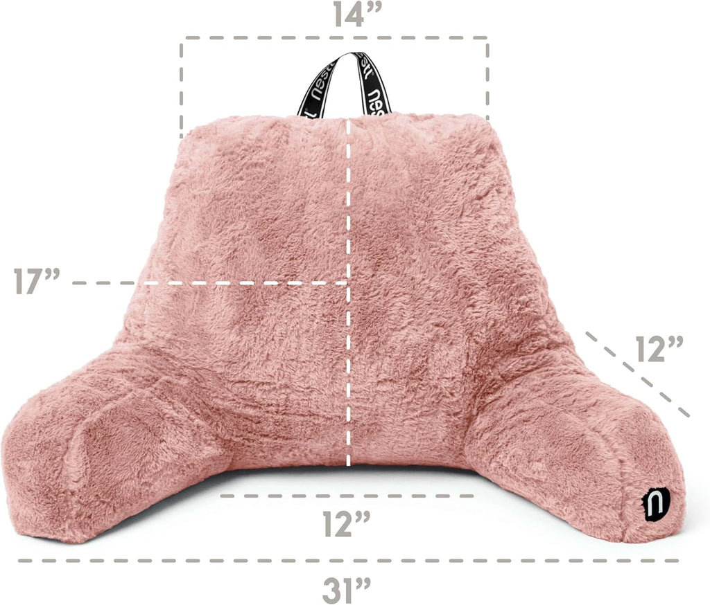 Nestl Fur Reading Pillow with Laptop Lap Desk, Stylish Back Pillow for Sitting Up, Lap Desk with Reading Pillows for Sitting in Bed Adult & Kids, Faux Fur Chair Pillow with Arms - Peach Beige