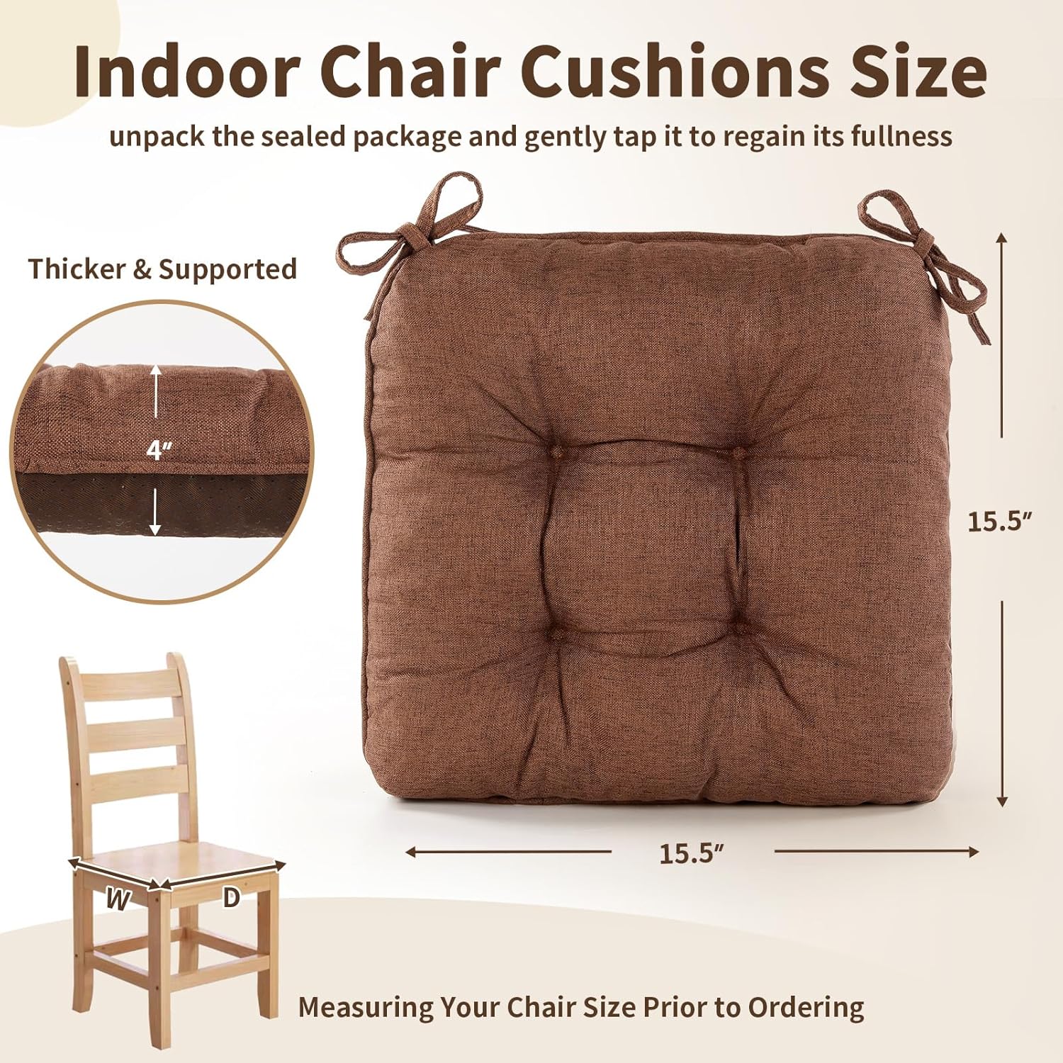 Chair Cushions for Dining Chairs, Tufted Foam Kitchen Chair, Non-Slip Seat Cushions with Ties Set of 4, 15.5" x 15.5" x 4", Brown