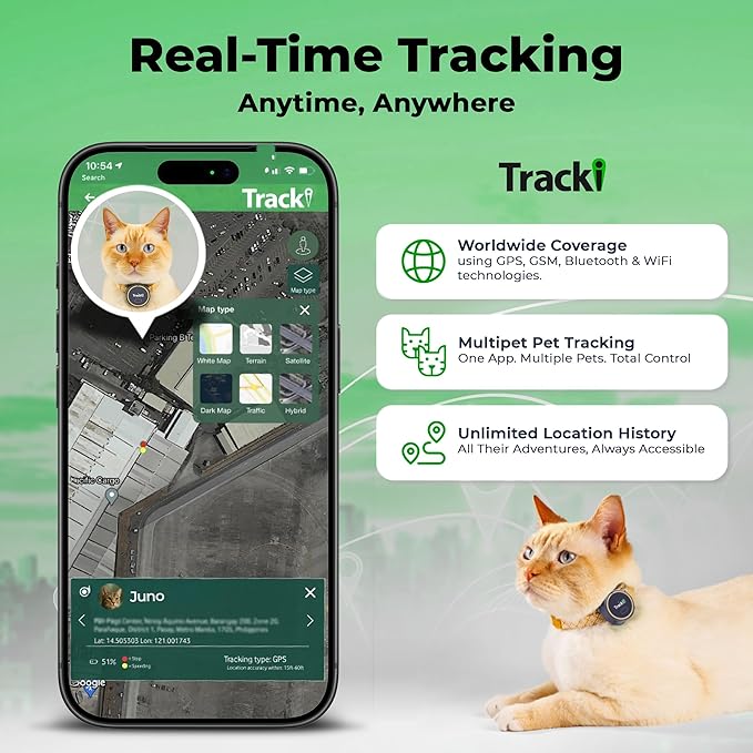 Tracki Cat GPS Tracker – Real-Time Cat Tracker & GPS Tracker for Cats – Smart Alerts, Geo-Fence, Waterproof, Collar-Compatible – Long-Life Battery – Works with iOS & Android (Subscription Required)