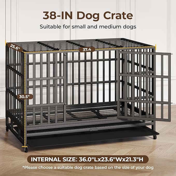 48/42/38 Inch Heavy Duty Indestructible Dog Crate,Escape Proof Dog Cage Kennel for Small Medium Dogs Indoor Double Door Dog Crate with Wheels, Lock& Removable Tray