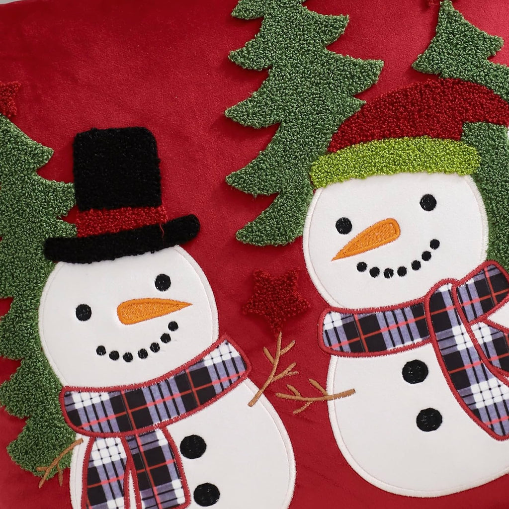 LUOYEHK Red Christmas Pillow Covers 18x18 Set of 2 Cute Snowmen Embroidered Pillow Cases Winter Holiday Velvet Cushion Covers for Couch Sofa Bed