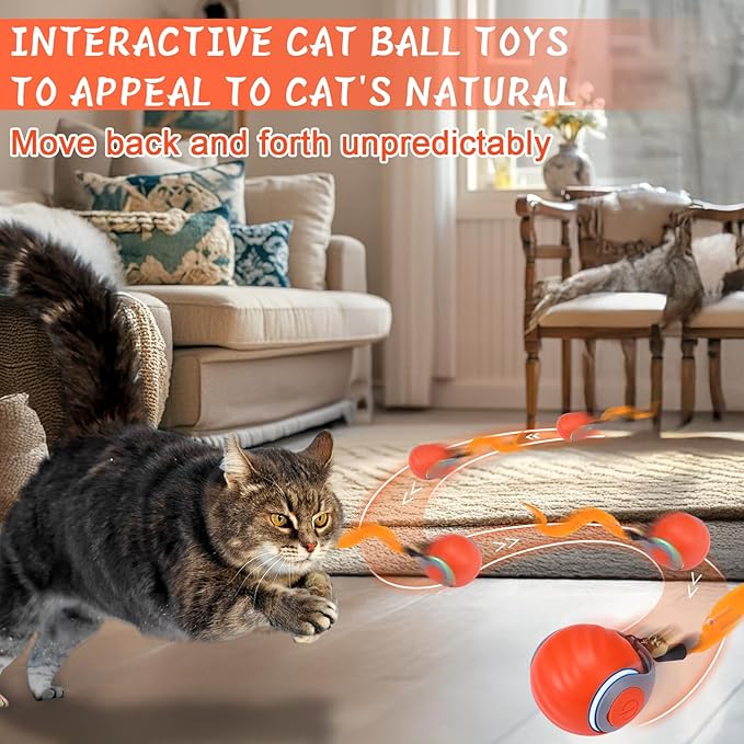 BABORUI 2Pack Interactive Cat Toy Ball - Automatic Interactive Cat Toys for Indoor Cats with 3 Tails, 2 Speeds Rechargeable Enrichment for Small/Medium/Large to Keep Them Busy