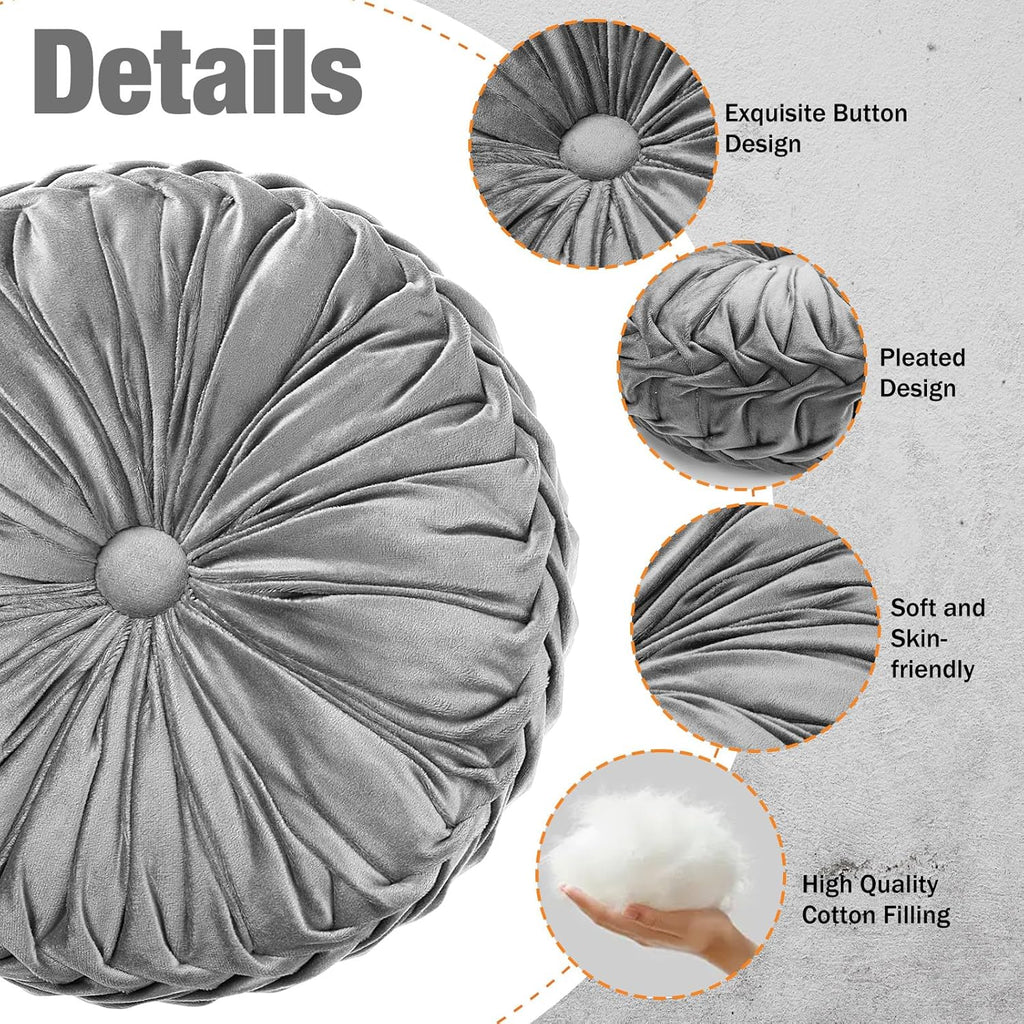 2 Pcs Round Throw Pillows 15 Inch Decorative Velvet Pleated Pumpkin Floor Boho Pillows for Living Room Couch Chair Bed Sofa (Gray)