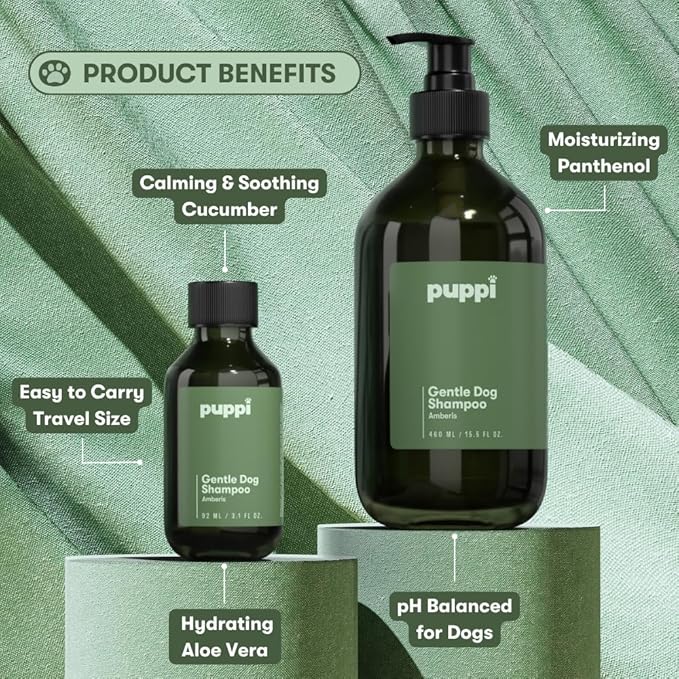 PUPPI Gentle Dog Shampoo Mini (Amberis) | 3.1 fl oz. / 92 ml | Enriched with Aloe Vera and Cucumber Extract | Hypoallergenic Dog Shampoo Sensitive Skin | Travel Size Shampoo