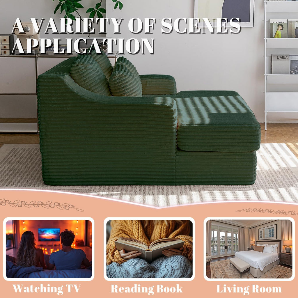 55 Inch Chaise Lounge Indoor - Oversized Chaise Lounge with 4 Throw Pillows and Armrets, Upholstered Plush Sofa Bed, Corduroy Lazy Chair Bed, Sleeper Chair for Living Room or Bedroom, Green