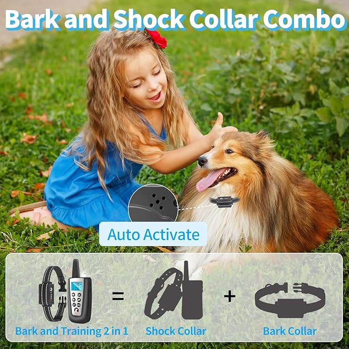 PaiPaitek 2 in 1 Dog Bark Collar and Training Collar - Smart Bark and Shock Collar Combo, Automatic Bark Collar for Large Dog with Remote 3300ft Range & Waterproof