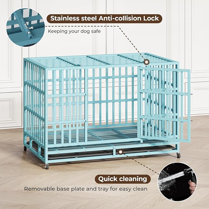 48IN Heavy Duty Dog Crate Steel Escape Proof, Indoor Double Door High Anxiety Cage Removable Tray, Extra Large,Blue