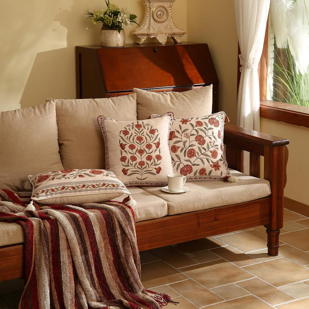 ISAENNE Design Linen Square Vintage Throw Pillow Covers 18"x18", Brick Red Cushion Covers with Orange Floral Green Leaves Pattern Decoration Pillowcases for Bed,Living Room,Outdoor,Car