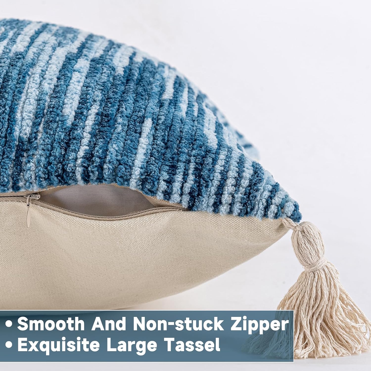 AmHoo Boho Throw Pillow Cover Decorative Bohemian Woven Tufted Striped Farmhouse with Tassels Textured Cushion Case Pillowcase Neutral for Sofa Couch Bed 18 x 18-Inch Sky Blue