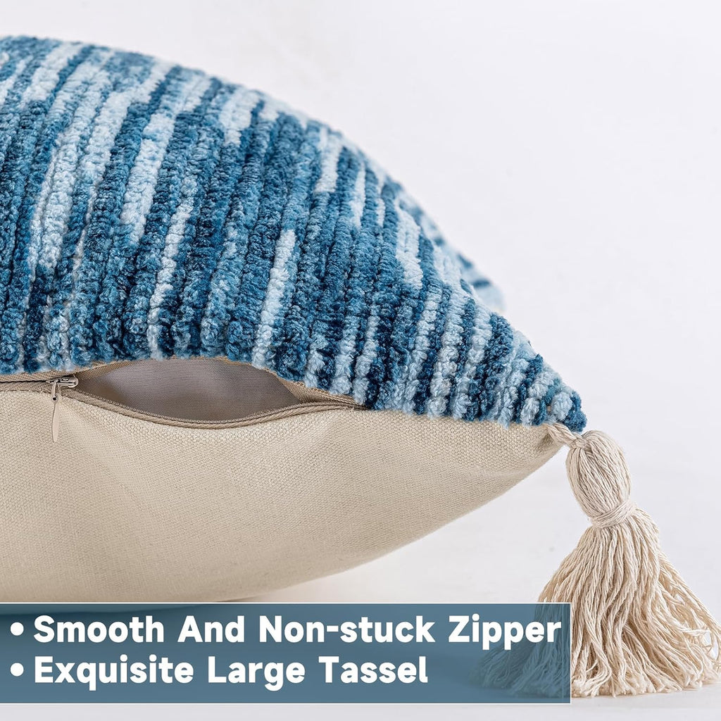 AmHoo Boho Throw Pillow Covers Set of 2 Decorative Bohemian Woven Tufted Striped Farmhouse with Tassels Textured Cushion Case Pillowcase Neutral for Sofa Couch Bed 18 x 18-Inch Sky Blue