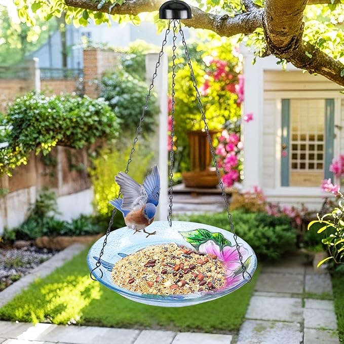 VCUTEKA Glass Hanging Bird Bath for Outdoors, BirdBaths with 21-Inch Rust-Proof Chain, Garden Yard Decor, Hummingbird Pattern